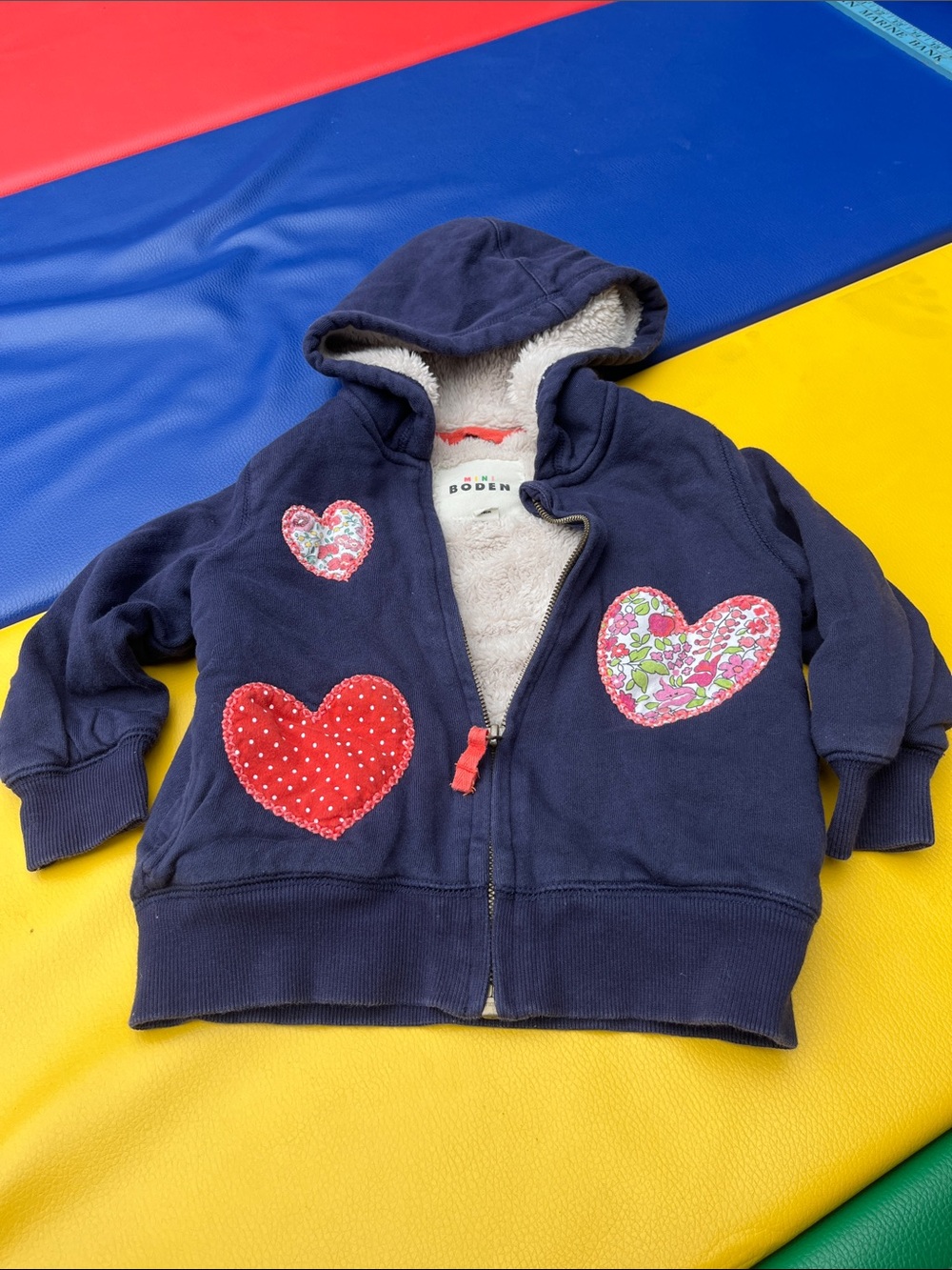 Mini Boden Navy Hoodie with Red and Pink Heart Appliqués 2-3y